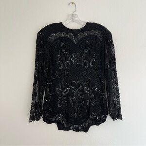Neiman Marcus Vintage Long Sleeve Silk Black Beaded Top Size Small